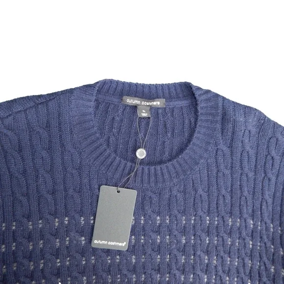 NWT AUTUMN CAHMERE Cable Striped Crew Sweater Navy Combo Cashmere Blend Men XL